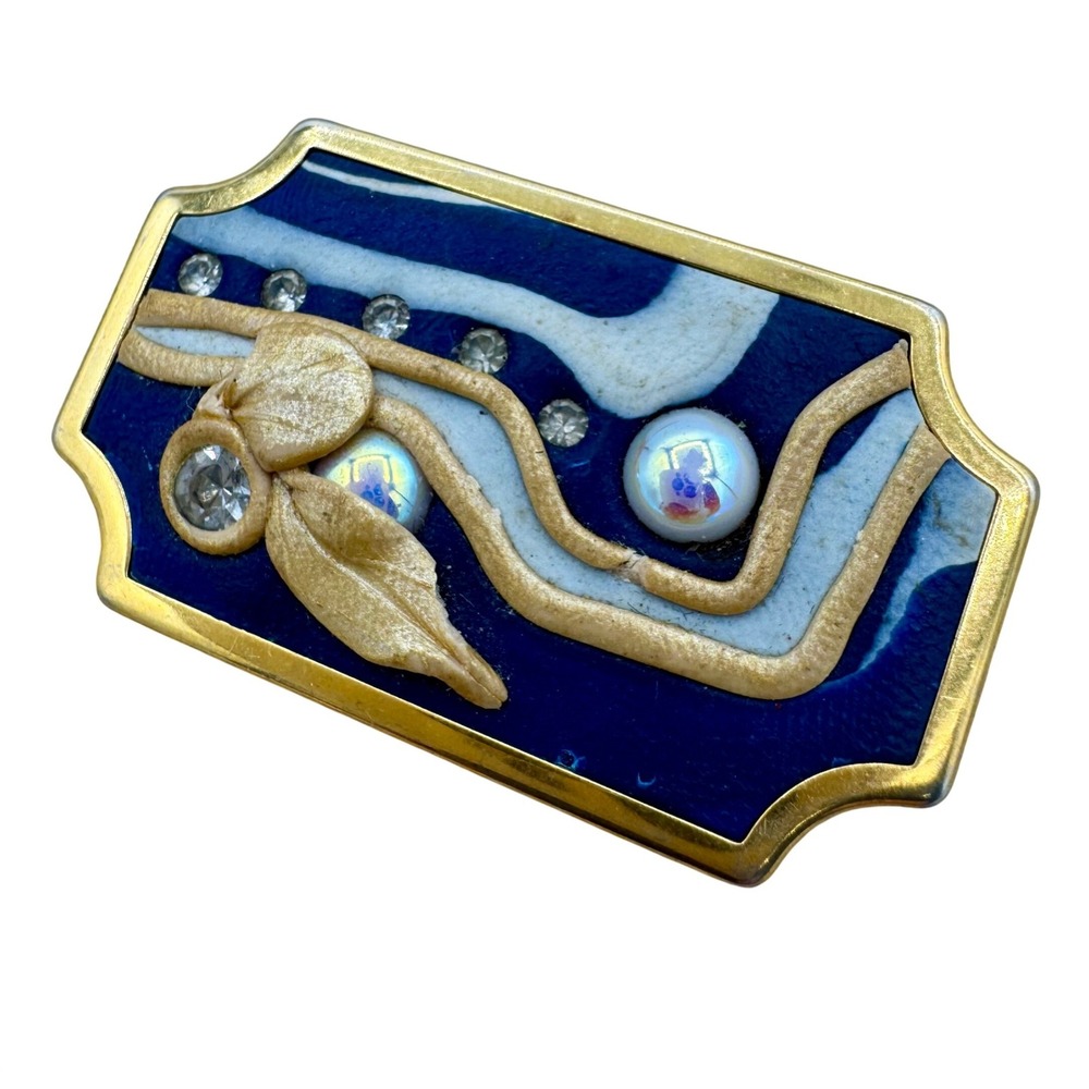 Vintage Uhlig Blue White Mixed Media Brooch Rhinestone Faux Pearl Gold Tone Pin
